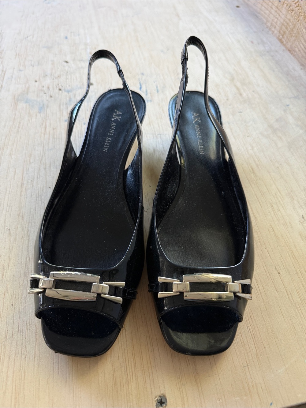 Anne Klein Black Patent Slingback Peep-Toe Flats with Silver Buckle Accent